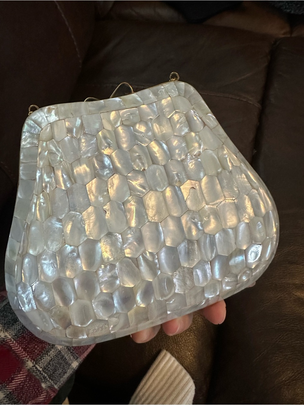Vintage Pearlescent Shell Mosaic Clutch bag with Gold Chain - Picture 3 of 10